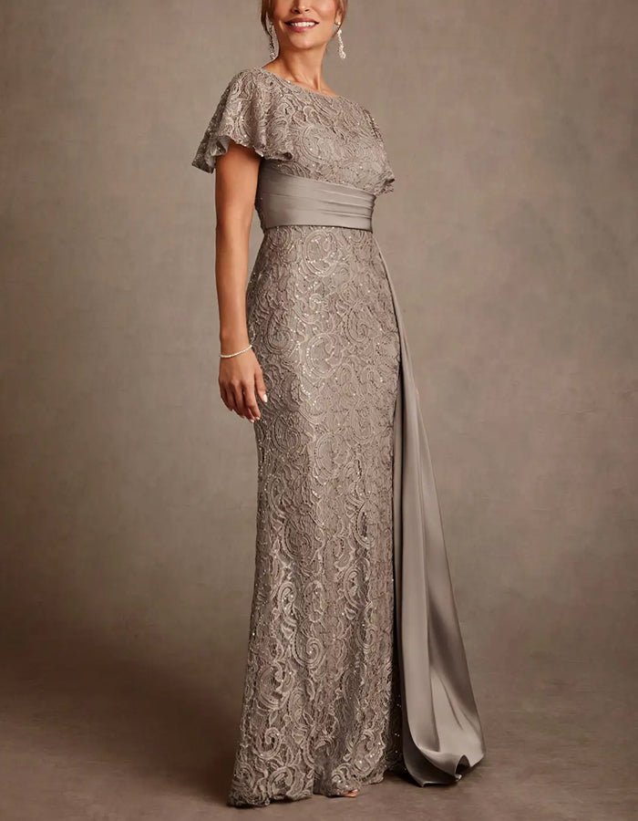 Light Coffee Lace Sequined Flutter Sleeves With Train Maxi Dress