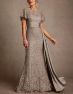 Light Coffee Lace Sequined Flutter Sleeves With Train Maxi Dress
