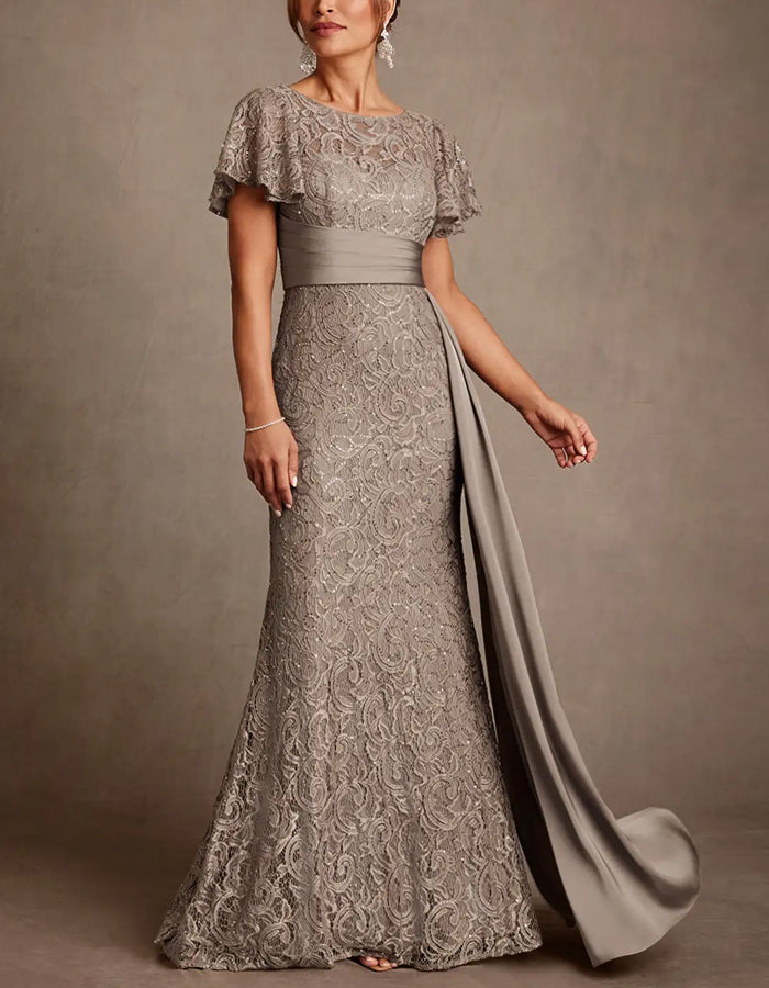 Light Coffee Lace Sequined Flutter Sleeves With Train Maxi Dress