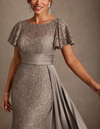Light Coffee Lace Sequined Flutter Sleeves With Train Maxi Dress