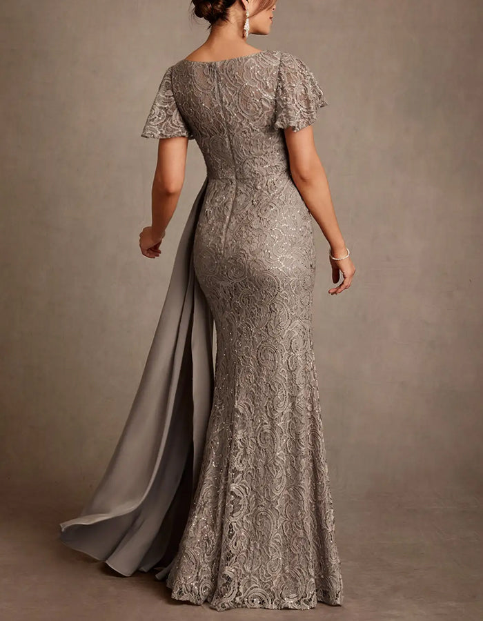 Light Coffee Lace Sequined Flutter Sleeves With Train Maxi Dress