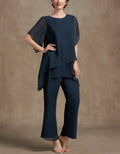 Navy Blue Chiffon Layered Sleeve Wide leg Pants 2-Piece Suit