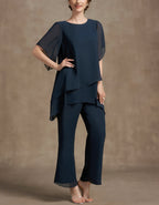 Navy Blue Chiffon Layered Sleeve Wide leg Pants 2-Piece Suit