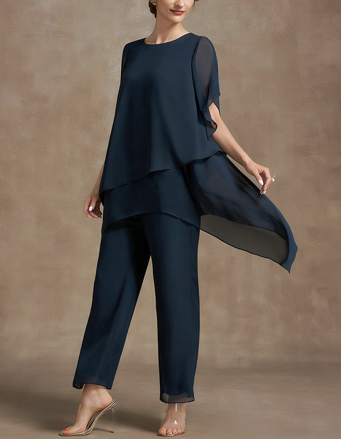 Navy Blue Chiffon Layered Sleeve Wide leg Pants 2-Piece Suit