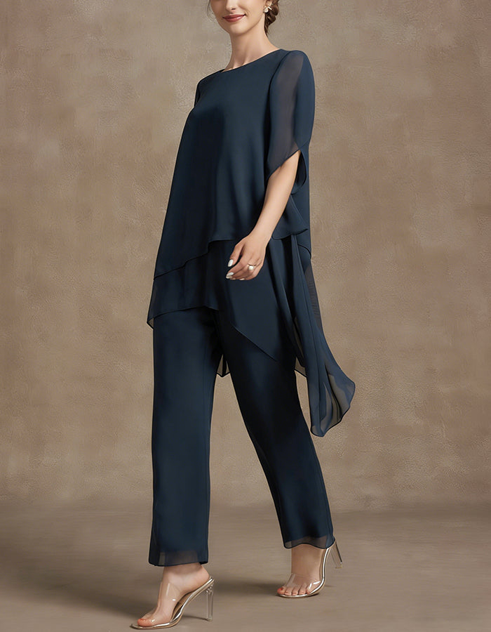 Navy Blue Chiffon Layered Sleeve Wide leg Pants 2-Piece Suit
