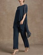 Navy Blue Chiffon Layered Sleeve Wide leg Pants 2-Piece Suit