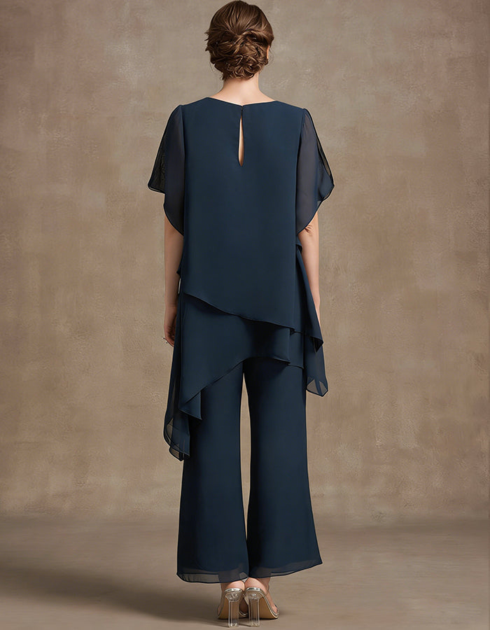 Navy Blue Chiffon Layered Sleeve Wide leg Pants 2-Piece Suit