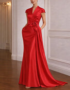 Solid Color Satin 3D Floral Train Maxi Dress