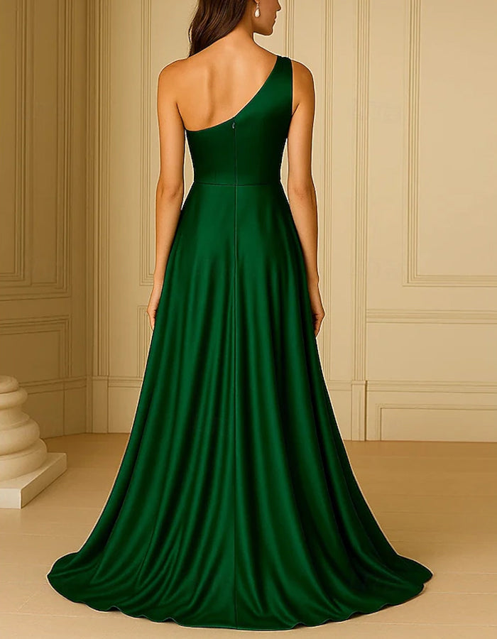 Solid Color Satin One shoulder Flared Maxi Dress