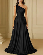 Solid Color Satin One shoulder Flared Maxi Dress