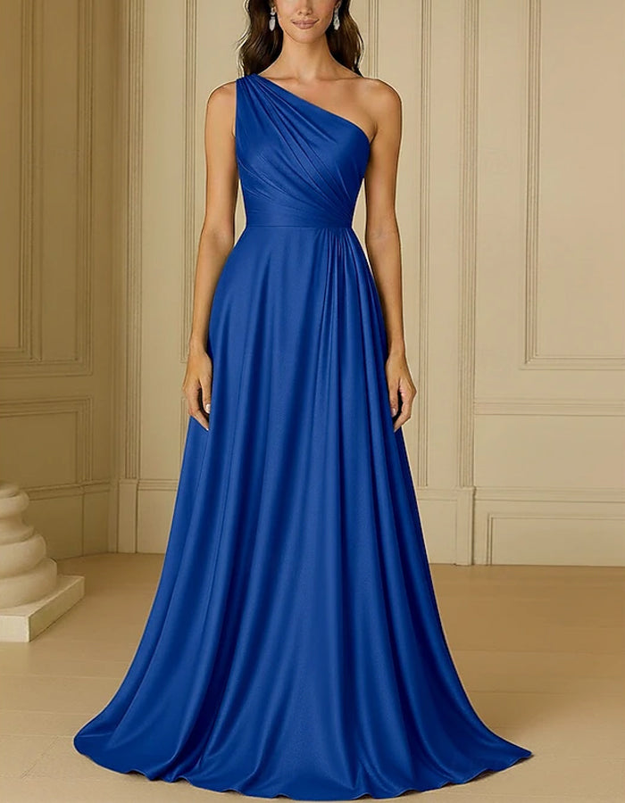 Solid Color Satin One shoulder Flared Maxi Dress