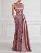 Solid Color Satin Lace Patchwork Maxi Dress
