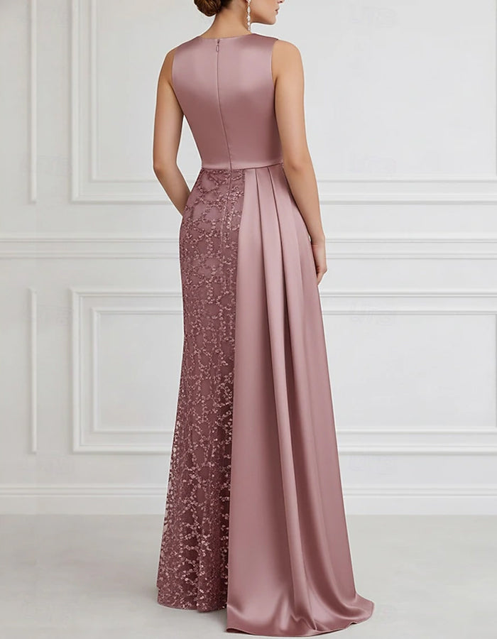 Solid Color Satin Lace Patchwork Maxi Dress