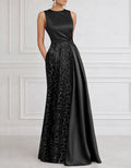 Solid Color Satin Lace Patchwork Maxi Dress