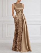 Solid Color Satin Lace Patchwork Maxi Dress