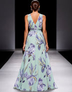 Mint Green Iris Print Chiffon Maxi Dress