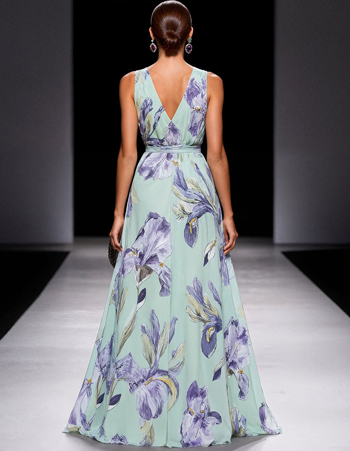 Mint Green Iris Print Chiffon Maxi Dress