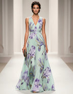 Mint Green Iris Print Chiffon Maxi Dress