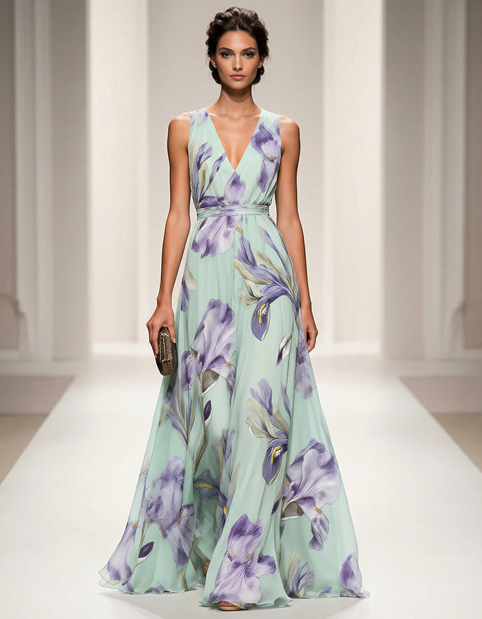 Mint Green Iris Print Chiffon Maxi Dress