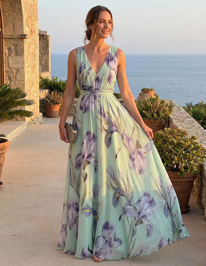Mint Green Iris Print Chiffon Maxi Dress