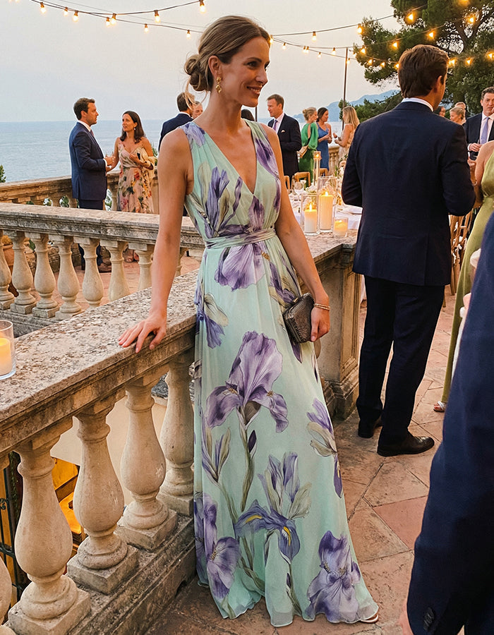 Mint Green Iris Print Chiffon Maxi Dress