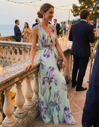 Mint Green Iris Print Chiffon Maxi Dress
