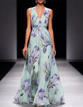 Mint Green Iris Print Chiffon Maxi Dress
