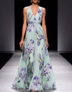 Mint Green Iris Print Chiffon Maxi Dress