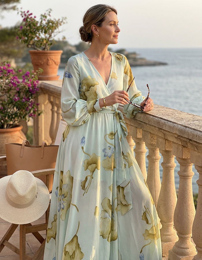 Mint Green Floral Chiffon Tie Waist Maxi Dress