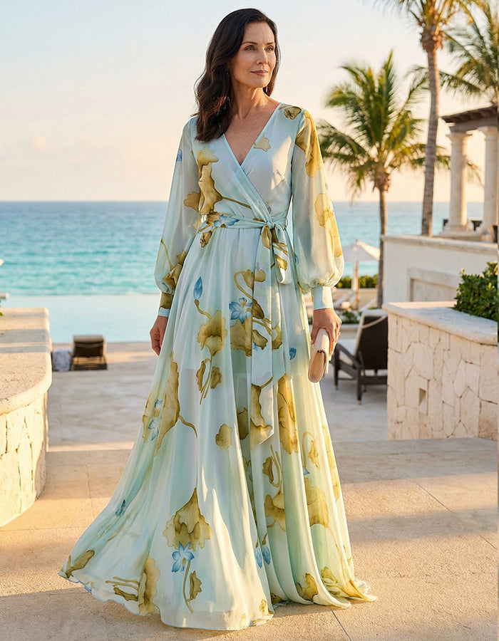 Mint Green Floral Chiffon Tie Waist Maxi Dress
