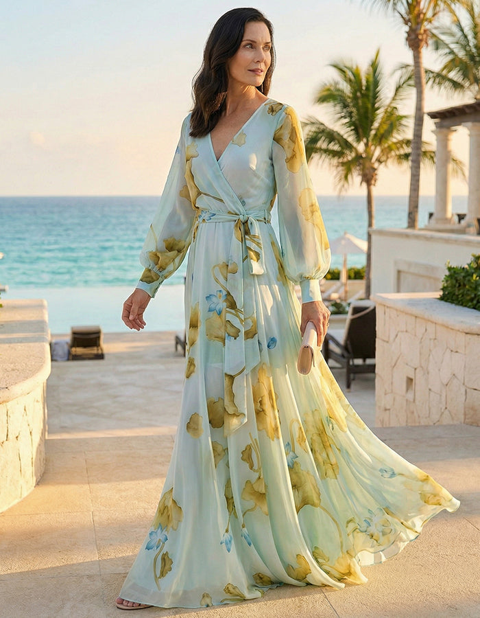 Mint Green Floral Chiffon Tie Waist Maxi Dress