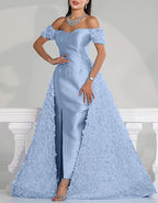 Solid Color Satin Three Dimensional Floral Train Maxi Dress