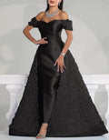 Solid Color Satin Three Dimensional Floral Train Maxi Dress