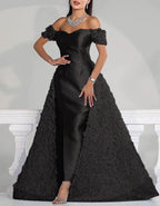 Solid Color Satin Three Dimensional Floral Train Maxi Dress