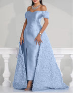Solid Color Satin Three Dimensional Floral Train Maxi Dress