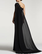 Solid Color Lace One Shoulder Cape Fishtail Maxi Dress