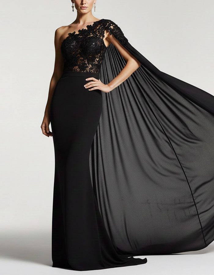 Solid Color Lace One Shoulder Cape Fishtail Maxi Dress