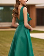 Solid Color Satin Deep V Bow High Slit Maxi Dress