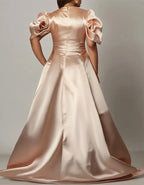 Champagne Gold Satin 3D Floral Sleeves With Train Maxi Dress