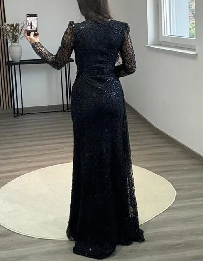 Solid Color Sequined Long Sleeved Fishtail Maxi Dress