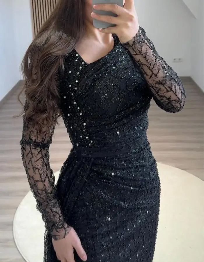 Solid Color Sequined Long Sleeved Fishtail Maxi Dress