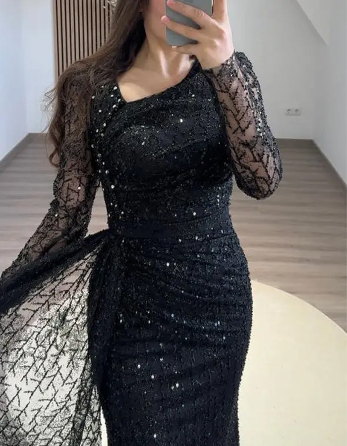 Solid Color Sequined Long Sleeved Fishtail Maxi Dress