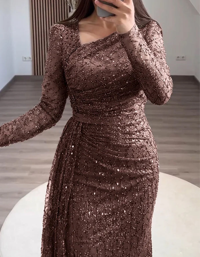 Solid Color Sequined Long Sleeved Fishtail Maxi Dress
