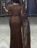 Solid Color Sequined Long Sleeved Fishtail Maxi Dress