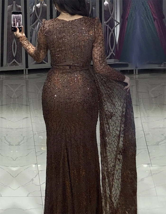 Solid Color Sequined Long Sleeved Fishtail Maxi Dress