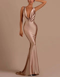 Champagne Satin Draped Fishtail Collar Maxi Dress