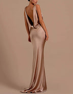 Champagne Satin Draped Fishtail Collar Maxi Dress