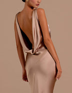 Champagne Satin Draped Fishtail Collar Maxi Dress