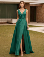Solid Color Satin Deep V Bow High Slit Maxi Dress