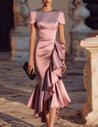 Solid Color Satin Ruffled Fishtail Midi Dress